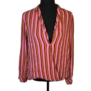Zara TRF Pink Mustard Striped Faux Wrap V-neck Long Sleeve Blouse Top Sz M Hi Lo